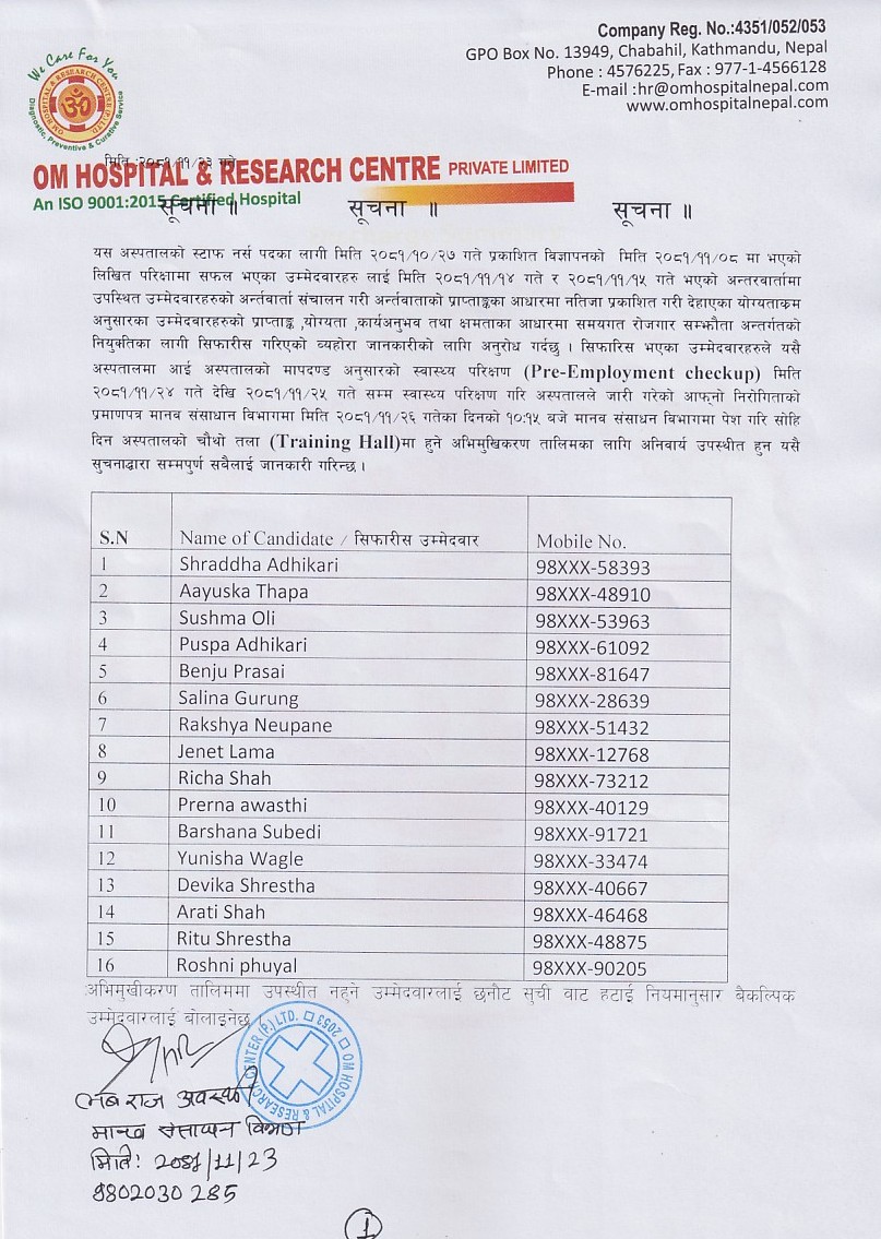 Staff Nurse Interview Result Public (Name of Alternative Candidates)